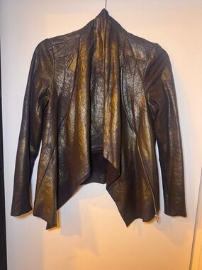 Zara Metallic Brown Draped Faux Leather Jacket